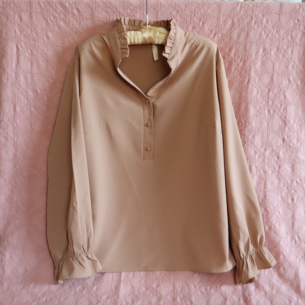 Beige/Tan Ruffled Button V Neck Long Sleeve Blouse 1XL